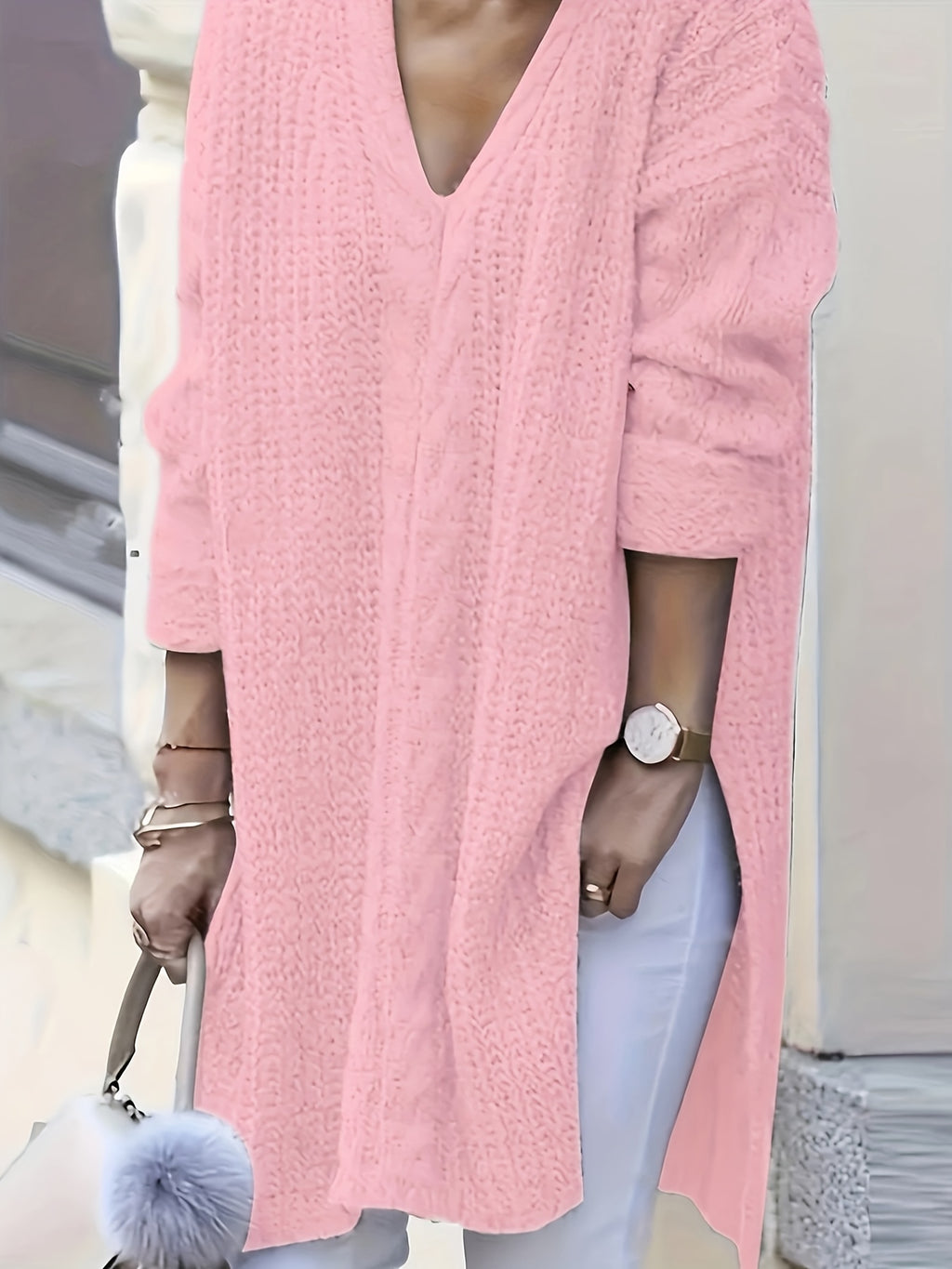 Suéter Casual de Manga Longa com Decote em V para Mulheres Plus Size