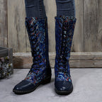 Botas Femininas Chinesas com Bico Redondo e Salto Baixo - Fechamento com Zíper - Botas de Tecido Adequadas para Looks Casuais, Elegantes e Informais - Estampa de Flor Chinesa