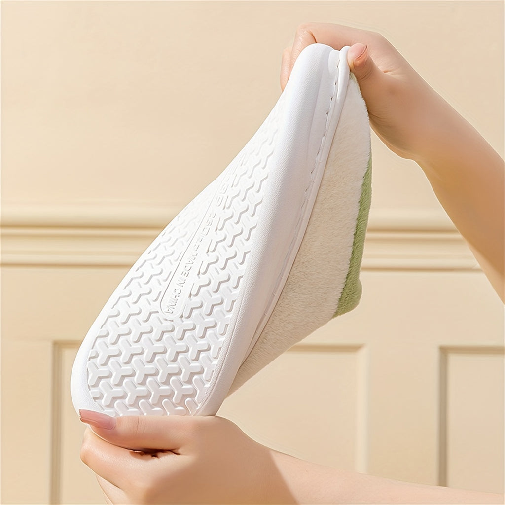 Chinelos de Inverno Bordados e Aconchegantes para Mulheres - Sola Macia, Sapatos de Conforto Fofo para Uso Interno, Design Bicolor com Patch "Super", Ideais para Uso em Casa, Chinelos de Quarto