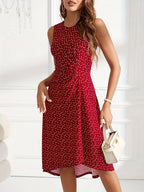 Vestido Elegante Feminino Sem Mangas com Estampado de Corações - Azul Marinho com Bolinhas, Bainha Évasée e Cintura com Folhos, Lavável na Máquina, Roupa Versátil para Todas as Estações, Casuais ou Formais, Vestidos Bonitos