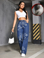 Calças de ganga de perna reta para mulheres com detalhe de listras contrastantes - Ajuste solto, cintura média, tecido não elástico, estilo casual de rua para todas as estações, jeans de todas as estações | Jeans de cintura média | Jeans não elásticos