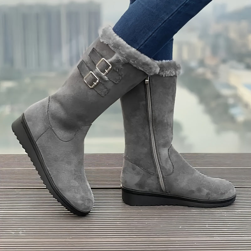 Botas de Inverno para Mulheres - Botas de Meia-Perna com Fecho de Zíper, Sola TR Antiderrapante - Forro Quente de Pele Falsa - Salto Baixo para Uso Diário e Formal - Sapatos Pretos para Clima Frio, Sapatos de Inverno, Calçado de Bico Redondo, Forro Interno de Pelúcia, Calçado Casual, Calçado Confortável, Forro Quente, Roupa de Escritório