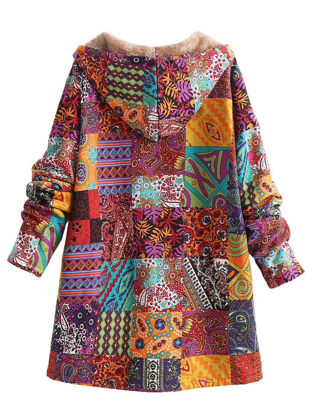 Casaco com Capuz Forrado de Fleece com Estampa Paisley & Floral Colorida - Quente, com Botões, Manga Longa, Roupa de Fora para Mulheres, Lavável à Máquina