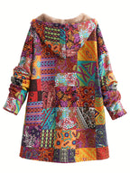 Casaco com Capuz Forrado de Fleece com Estampa Paisley & Floral Colorida - Quente, com Botões, Manga Longa, Roupa de Fora para Mulheres, Lavável à Máquina