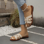 Sandálias Chinelas Femininas Chiques - Abertas Casualmente, Falso Cobertura com Tiras de Fivela Douradas, Sola de Borracha Confortável - Calçado Versátil para Todas as Estações