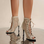 Sapatos de salto alto em malha para mulher, com salto fino, biqueira aberta e atacadores, botins elegantes para vestir