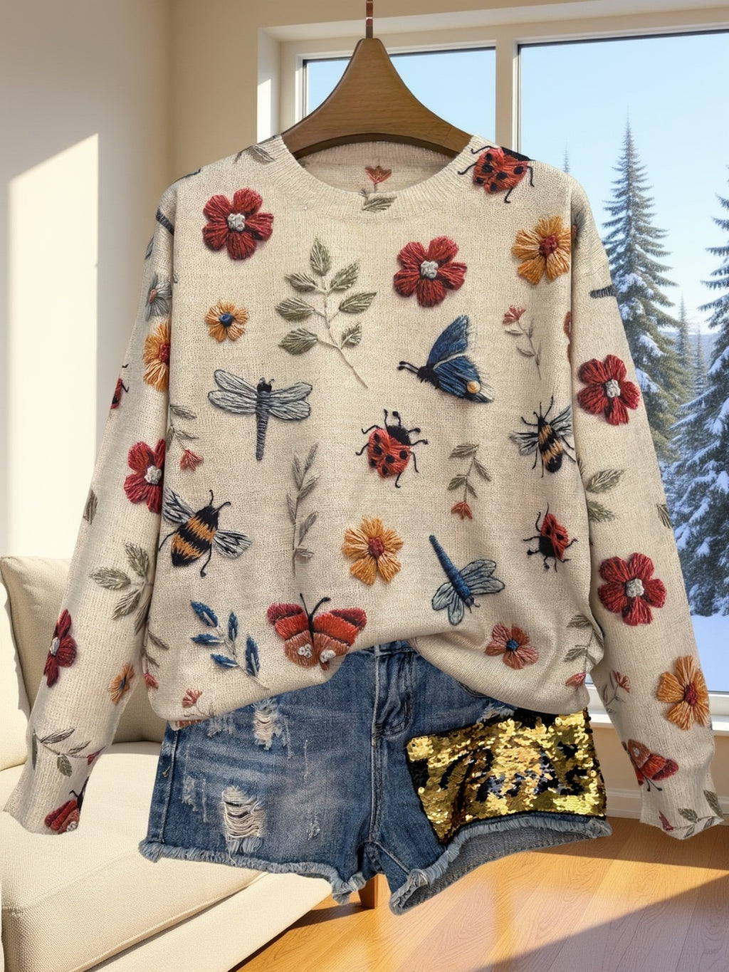 (Impressão Digital 2D) [Estampa Total] [Leve] [Suéter] Suéter de Malha Leve com Estampa Completa de Insetos, Gola Redonda Casual e Manga Longa, Moda Feminina