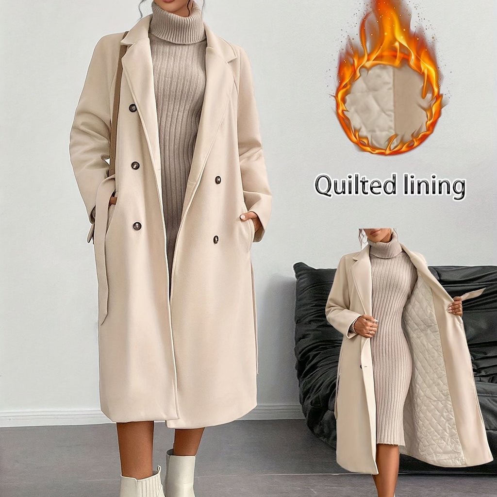 Elegant Tweed Belted Long Coat - Asymmetric Hem