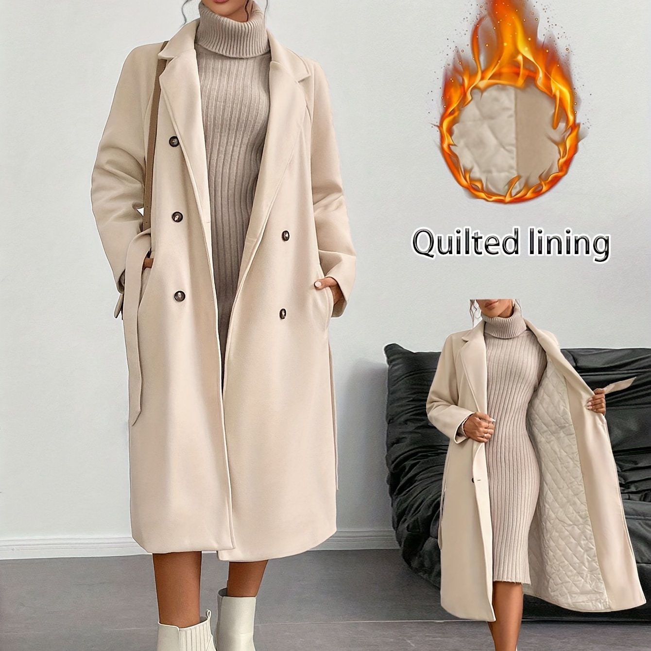 Elegant Tweed Belted Long Coat - Asymmetric Hem