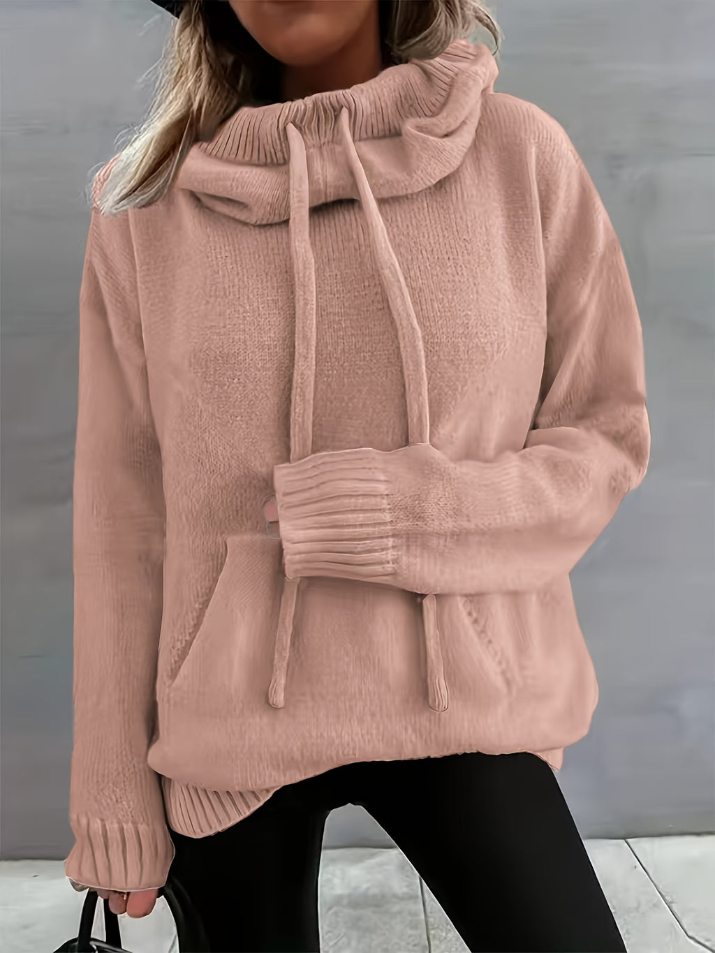 2025 Nova Outono E Inverno Mulher Casual Versátil Cor Sólida Com Cordão Bolsa Capuz Pulôver