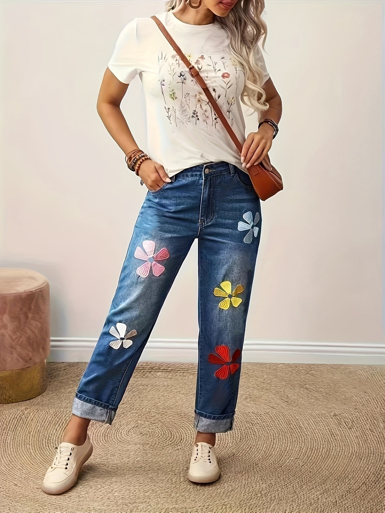 Calças Jeans Femininas Elásticas - Calças de Stretch Não Transparentes com Estampa Floral (Rosa/Vermelho/Amarelo), Corte Reto para Looks Casuais e Formais, Lavável em Máquina, Bordado Decorativo, Moda Confortável