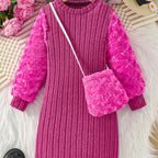 Chic Cozy Dress & Furry Bag Set for Girls