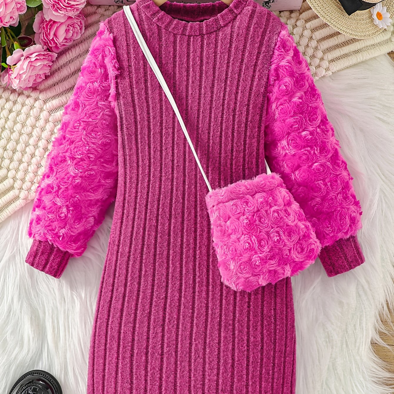 Chic Cozy Dress & Furry Bag Set for Girls