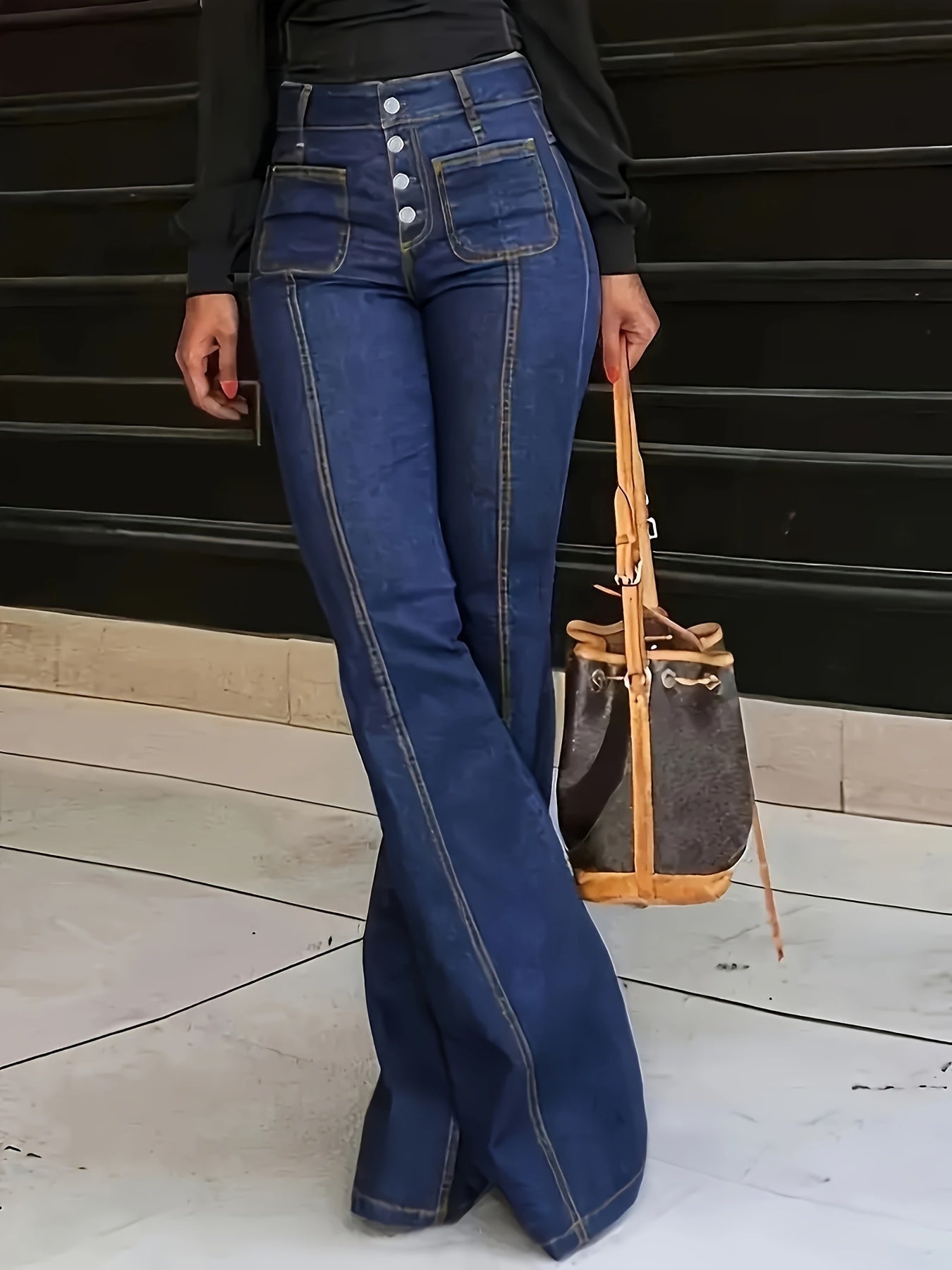 Calças Jeans Vintage Femininas de Cintura Alta Lavagem Azul Desgastada - Boca-de-sino com Fechamento Multi-Botoes, Calça Larga Elástica para Todos os Estilos Casual e Formal, Máquina de lavar & Limpeza a Seco Aceitavelmente, Cor Sólida no estilo Retro com Detalhes em Botões, Modelagem Estruturada Para TODOS Os Tipos Corporais, Roupa casual Chic e Versatil, Calças Jeans para Mulheres,Jeans de Cintura Baixa,Jeans Barrel para Mulheres,Calças Jeans Femininas,Jeans Para Mulheres,