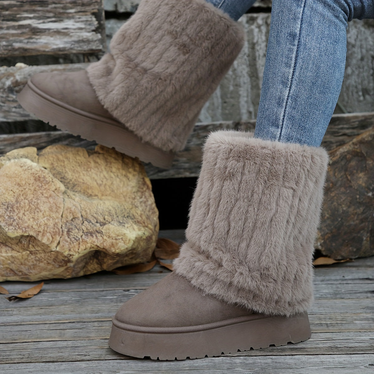 Botas de Inverno Femininas Plus Size com Gola e Borda Pelúcia - Solado Alto/Curso (Ajustável) para Neve, Cano Curto ou Longo em Bege Faux-Fur & Soleira Antiderrapante – Calçados Aconchegantes contra o Frio, Botas de Inverno para Mulheres, Roupas de Inverno para Mulheres, Botas, Botas de Neve para Mulheres, Roupas de Inverno para Mulheres, Botas para Mulheres de Inverno, Bota Feminina, Botas de Neve para Mulheres, Roupas de Inverno Femininas, Botas para Mulheres Tamanho Plus,