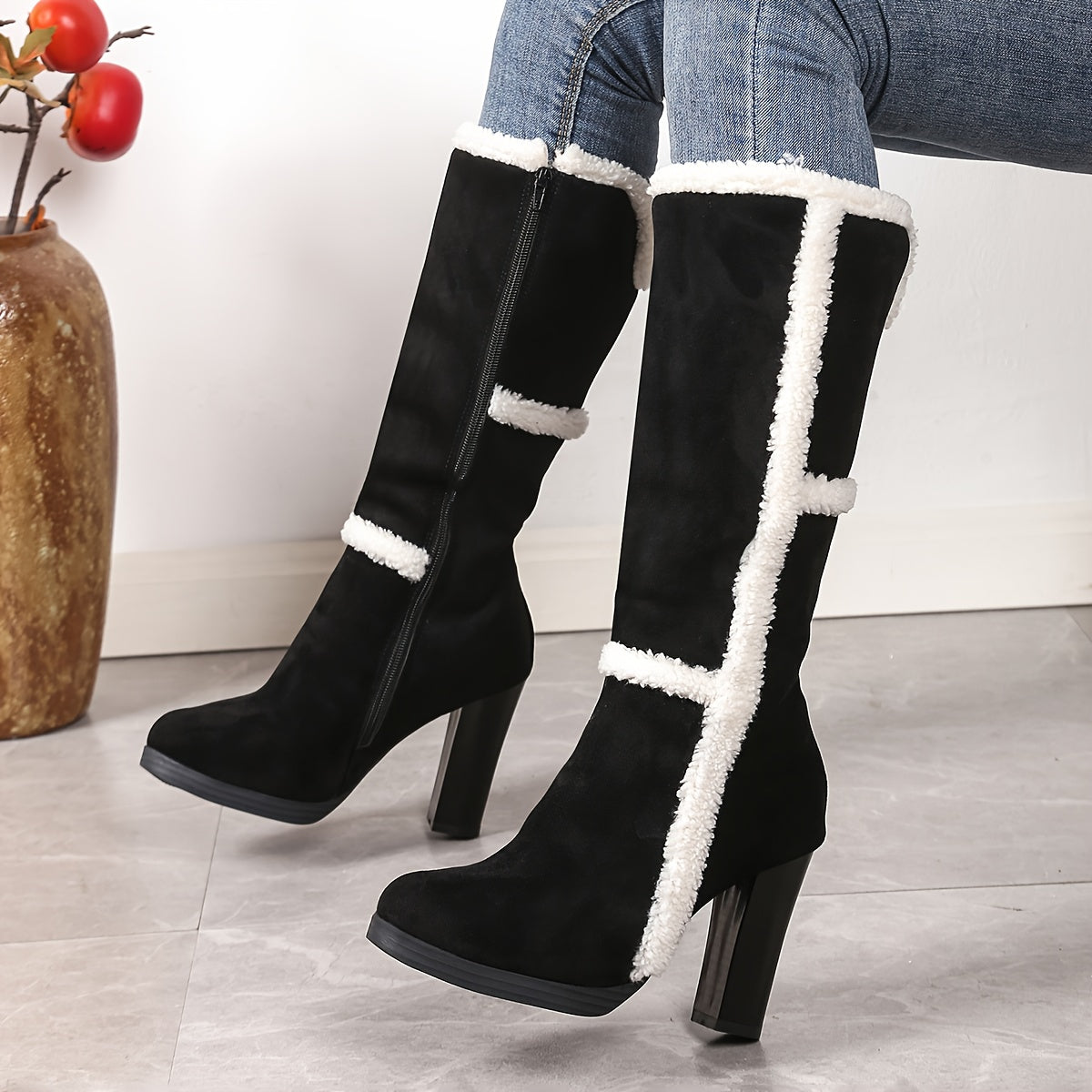 Botas de Neve de Inverno para Mulheres com Gola Falsa & Pelúcia - Salto Grosso Bloco, Sola Grossa de TPR, Fechamento com Zíper e Bico Redondo - Botas de Salto Alto Pretas e Brancas com Bico Redondo para Gelo e Neve (Somente Limpeza a Seco)