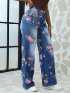 Calças de ganga de cintura alta para mulheres com estampa floral rosa vibrante - pernas retas, fecho de botão, calças longas casuais para verão e outono, calças de ganga de cintura alta, roupa casual de outono, ajuste confortável