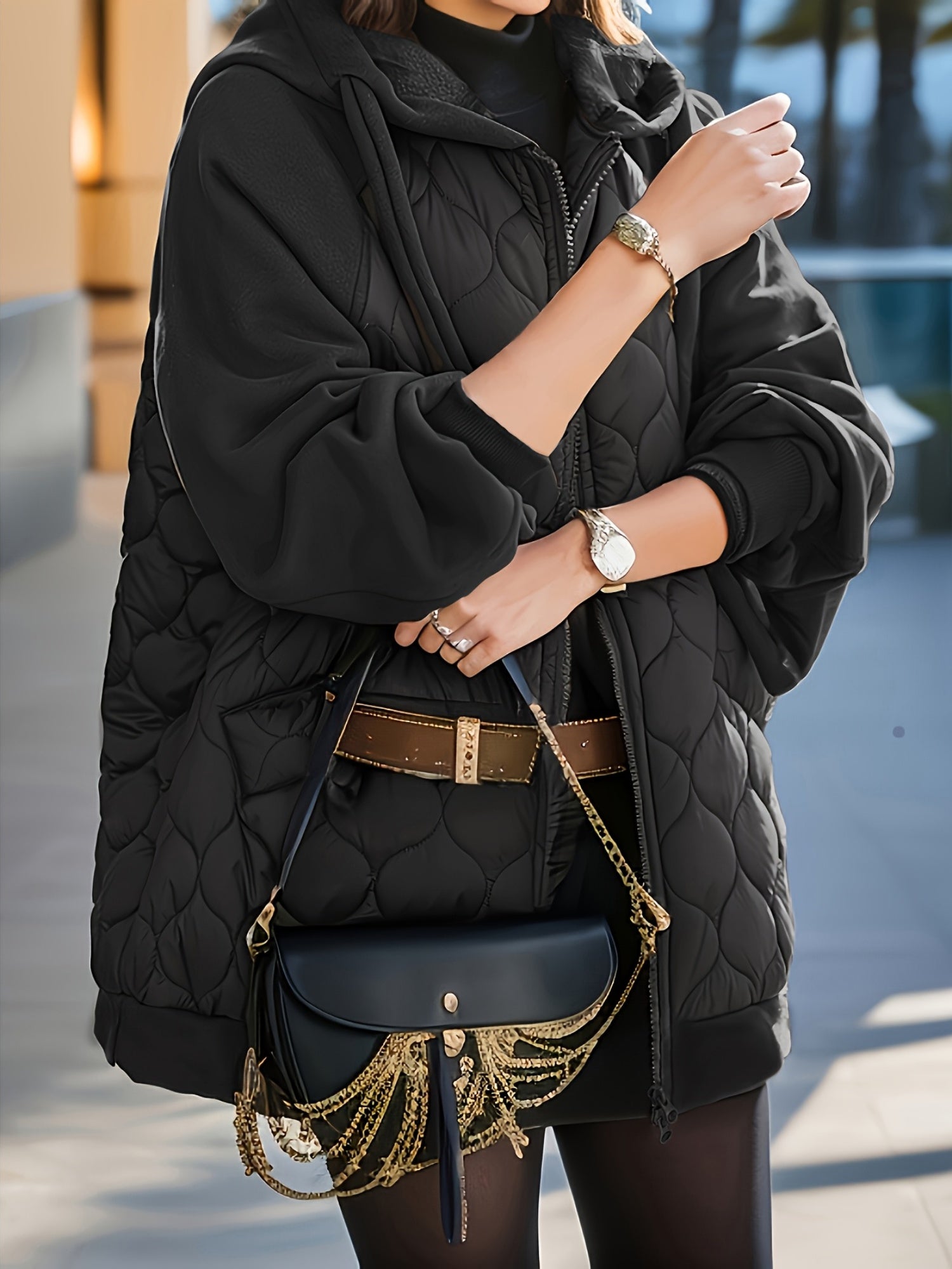 Casaco Elegante com Capuz | Outono/Inverno, Tecido Sem Elasticidade, Padrão de Escamas de Peixe, Manga Regular, Fecho de Zíper, Corte Larga