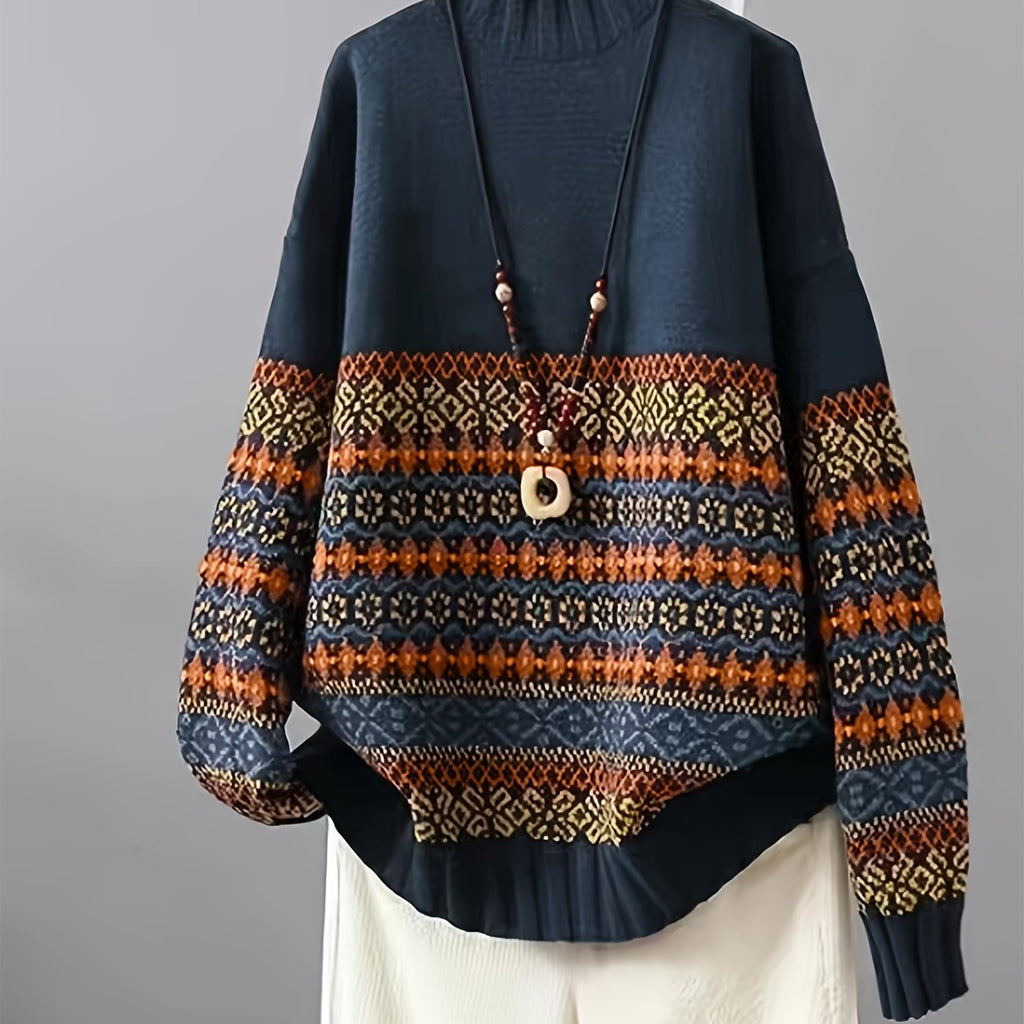 Elegant High-Neck Jacquard Sweater for Women