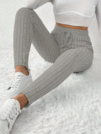 Leggings de cintura alta em cor sólida com cordão falso, com nervuras, Skinny Casual Stretchy Leggings para uso diário, Roupa de mulher