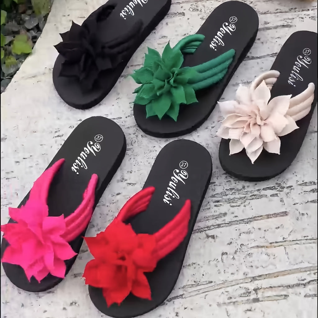 Chinelas Florais para Mulheres, com Decoração Floral, em Cores Sólidas, para Todas as Estações, de Calçar, Estilo de Férias, Com Parte Superior em Tecido, Sola e Palmilha em EVA, Salto Médio, com Origem em Taizhou para a América do Norte e Europa.