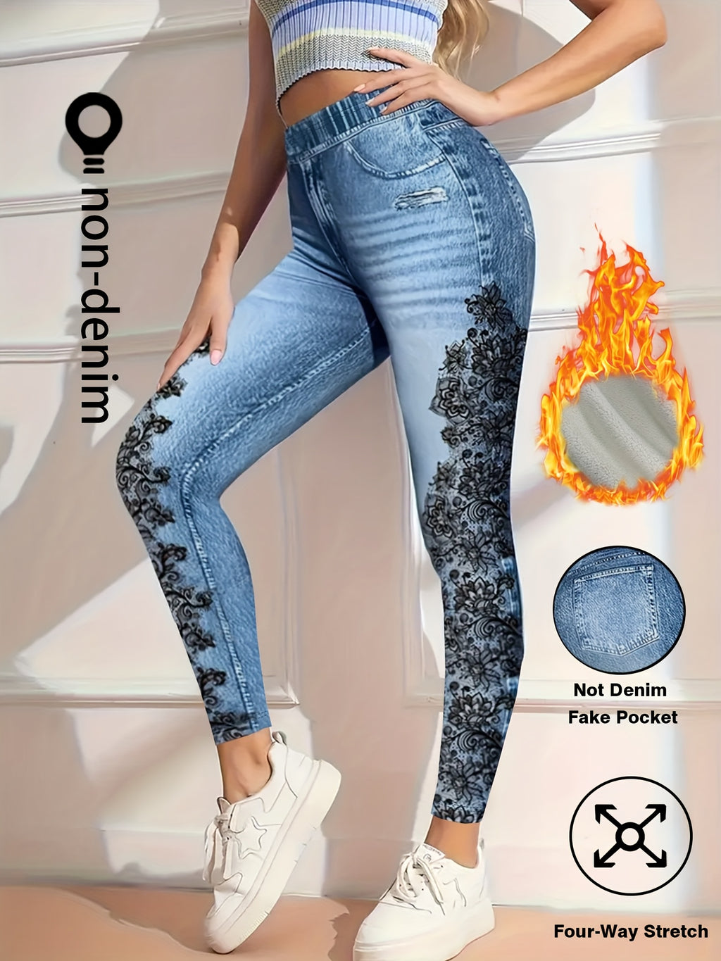 【imitação denim】Estas são leggings com forro polar, estilo denim falso, para o outono e inverno, concebidas para um visual moderno e casual. São modernas para mulheres, adequadas para deslocações diárias e looks versáteis. As leggings apresentam um design estampado.