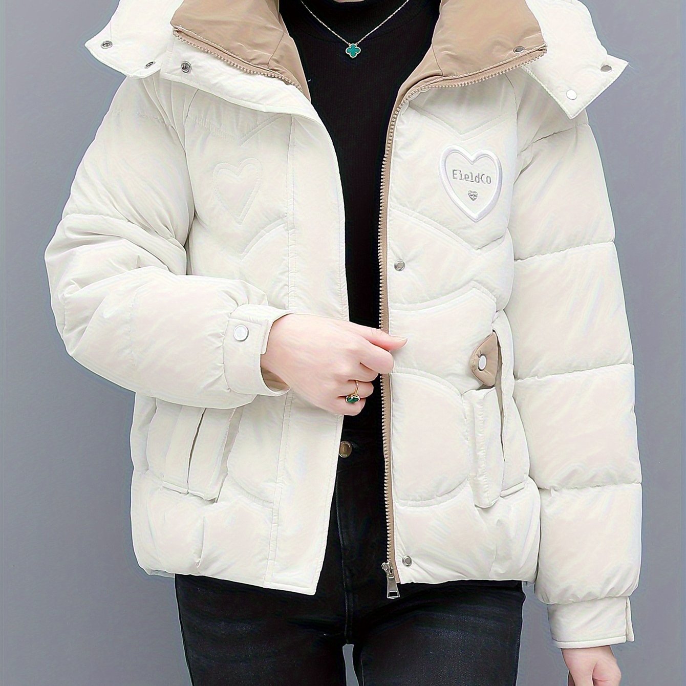 Chic Winter Hooded Jacket - Cozy Beige & White Design
