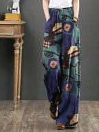 Calças largas elegantes retro para mulheres com estampado floral vibrante - Cintura elástica, bolsos, design de cintura alta para uso casual de primavera/outono, calças de cintura alta, moda sazonal, ajuste confortável