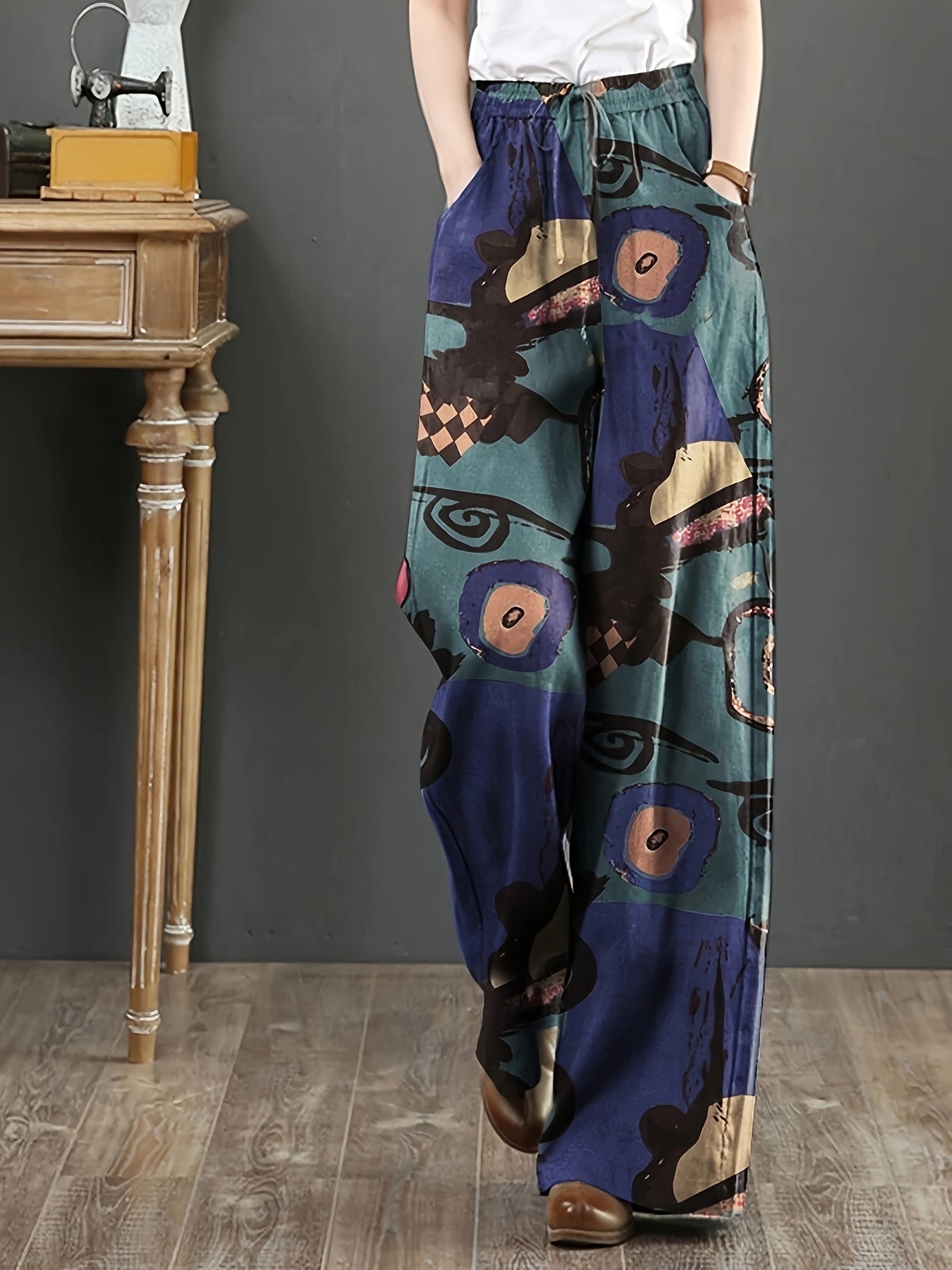 Calças largas elegantes retro para mulheres com estampado floral vibrante - Cintura elástica, bolsos, design de cintura alta para uso casual de primavera/outono, calças de cintura alta, moda sazonal, ajuste confortável