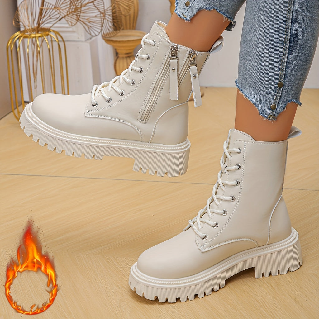 Botas de tornozelo com atacadores de inverno para mulheres com fecho lateral - Fácil de calçar/descalçar, sola de PVC antiderrapante, bico redondo e salto plano - Botas elegantes pretas e brancas para o dia a dia, escritório, eventos formais - Calçado para o frio para mulheres, botas de inverno para senhoras, calçado para o dia a dia, design de botas elegante, sola de PVC durável, vestuário de escritório, calçado elegante, forro confortável, mulheres conscientes da moda