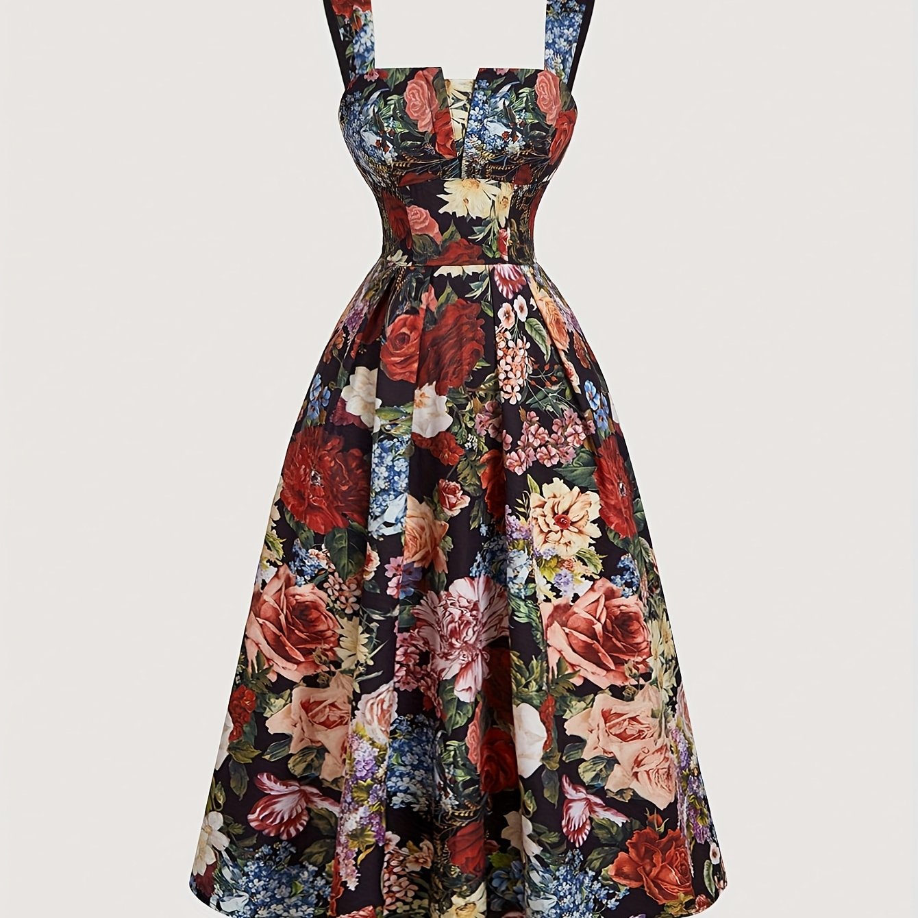 Chic A-Line Floral Dress with Ruched Detail - Vintage Style