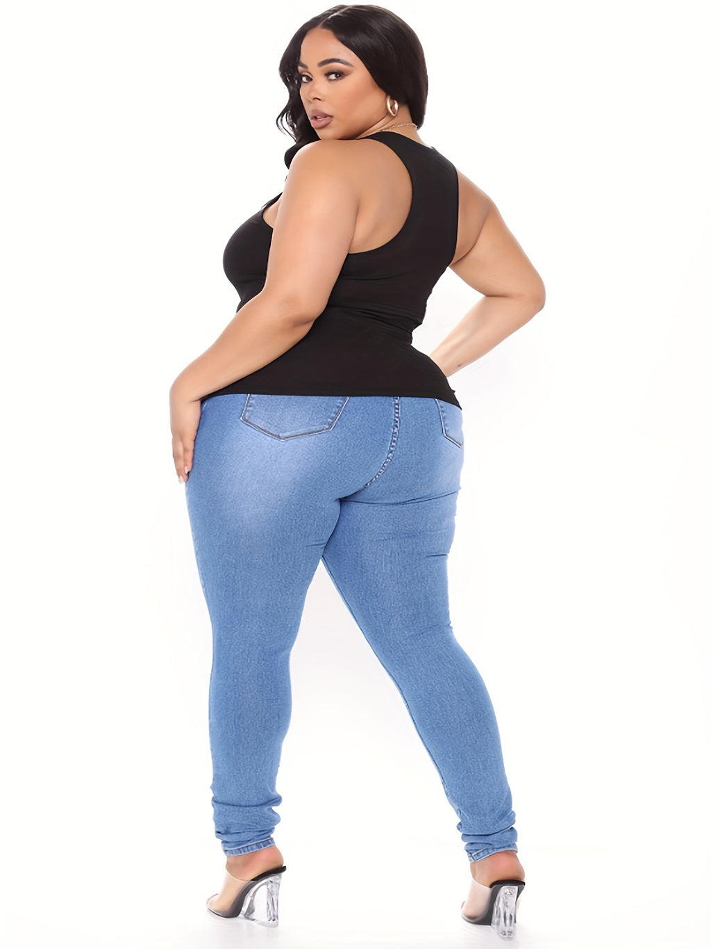 Calças de ganga de cintura alta para mulheres - Ajuste fino, denim azul claro, estilo casual, fecho de correr, conforto para todas as estações, calças de ganga de cintura alta, moda confortável, tecido durável