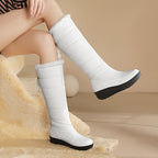 Botas de neve brancas para mulheres - Botas de inverno confortáveis até o meio da panturrilha com forro de pele sintética fofa, sola de borracha antiderrapante, salto plano e abertura lateral com fecho de correr para atividades ao ar livre, calçado de inverno | Botas de neve elegantes | Calçado durável