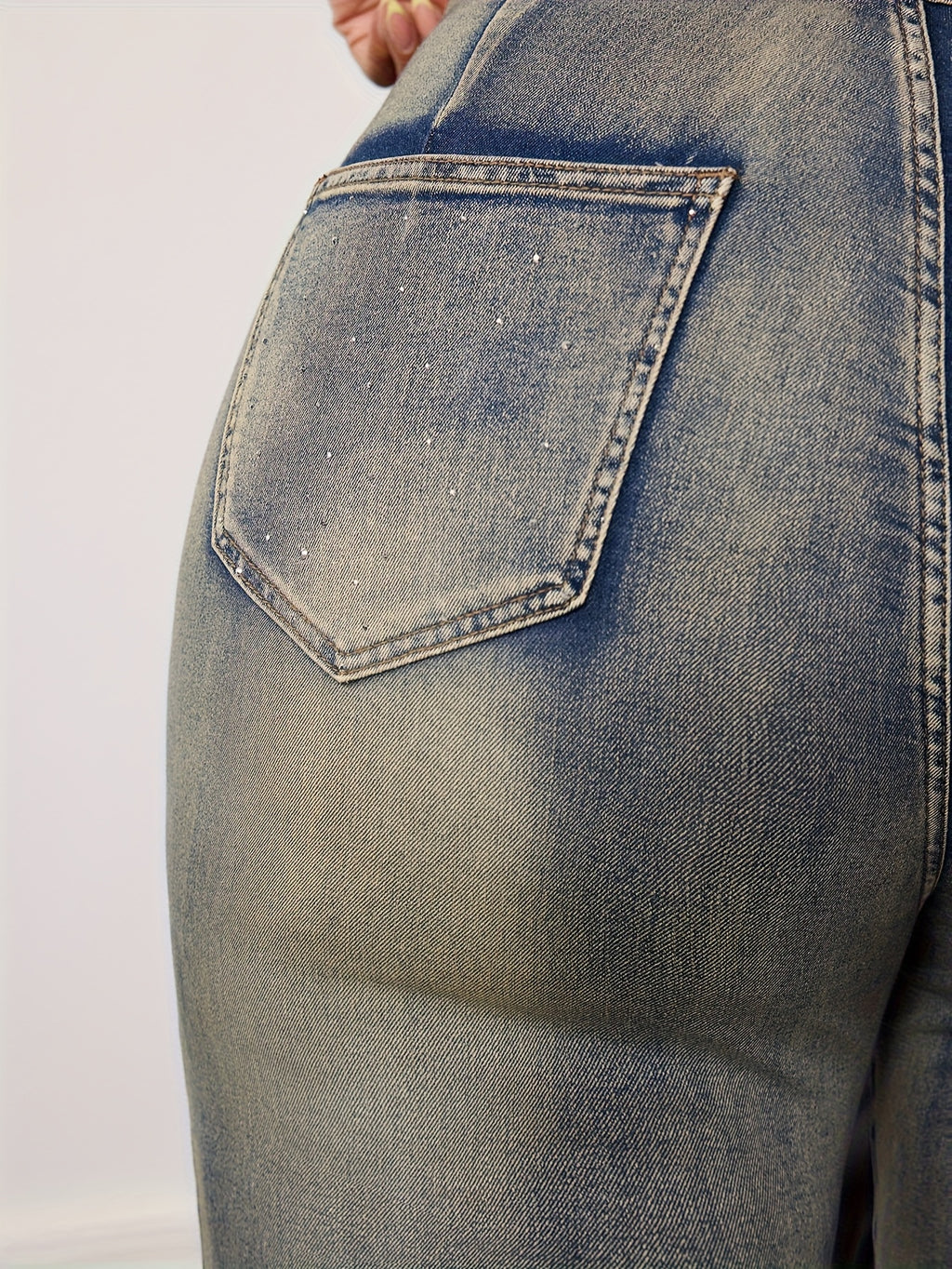 Calças Jeans Plus Size Femininas com Barra de Franja - Boca de Sino, Perna Larga e Comprimento Total, Resistente, Adequada para Todas as Estações, Lavável na Máquina, Moda Streetwear