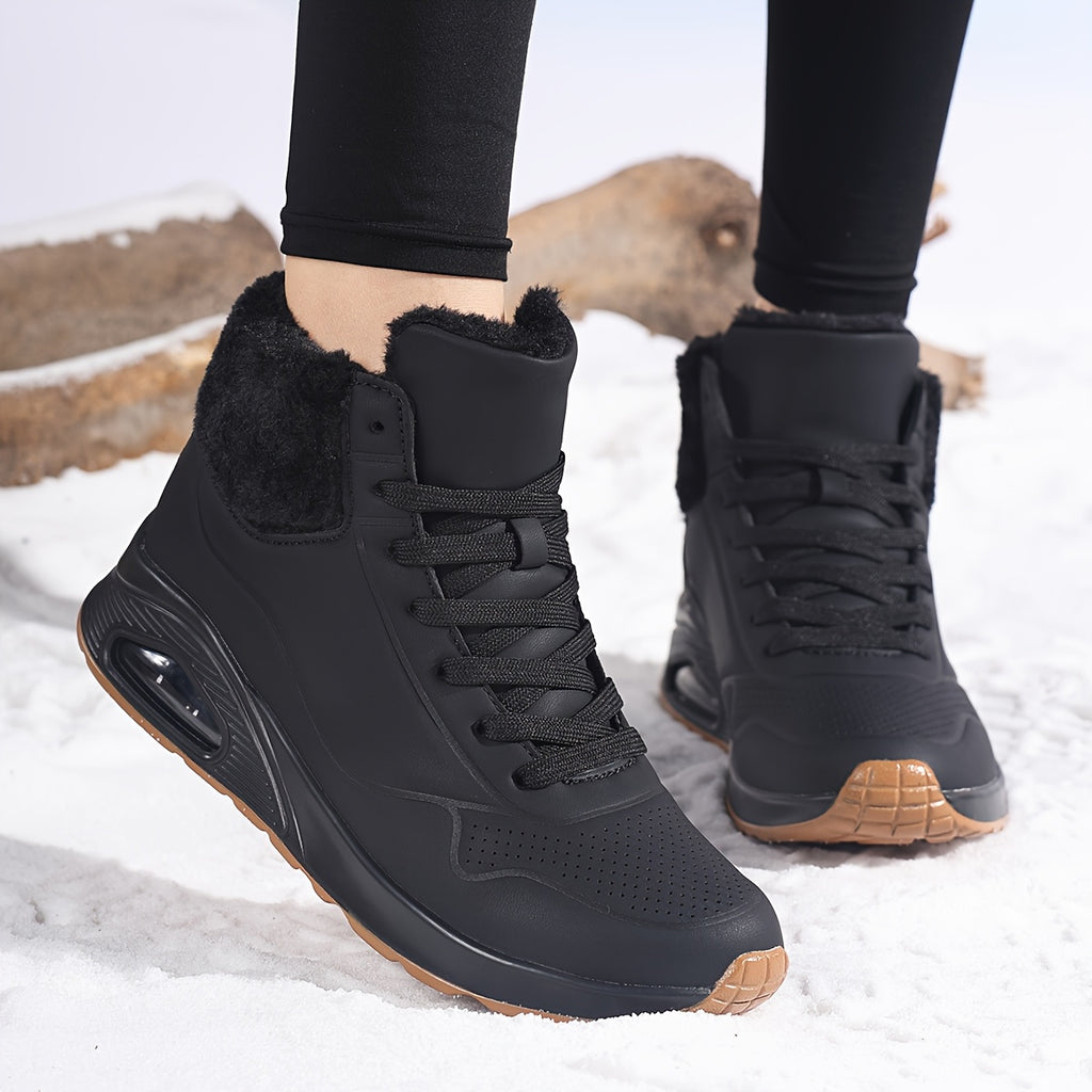 Botas de inverno para mulheres com cano médio, forro de lã espessa e parte superior de PU respirável - Botas de neve com biqueira redonda para clima frio, looks casuais e desportivos, botas de inverno, calçado para exterior, calçado moderno, construção durável