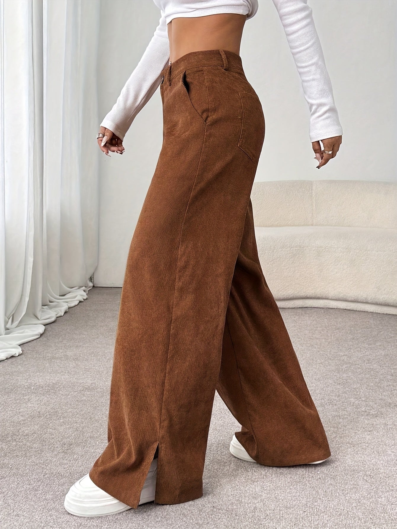 Calças de Bombazine de Perna Larga Elegantes para Mulher | Cor Sólida, Comprimento Longo Confortável, Estação Outono/Inverno, Corte Normal, Racha Lateral, Sem Cinto