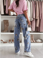 Calças Jeans Femininas de Perna Larga com Estampa de Folhas Florais, Bolsos com Zíper e Botão, Calça Jeans Reta e Casual