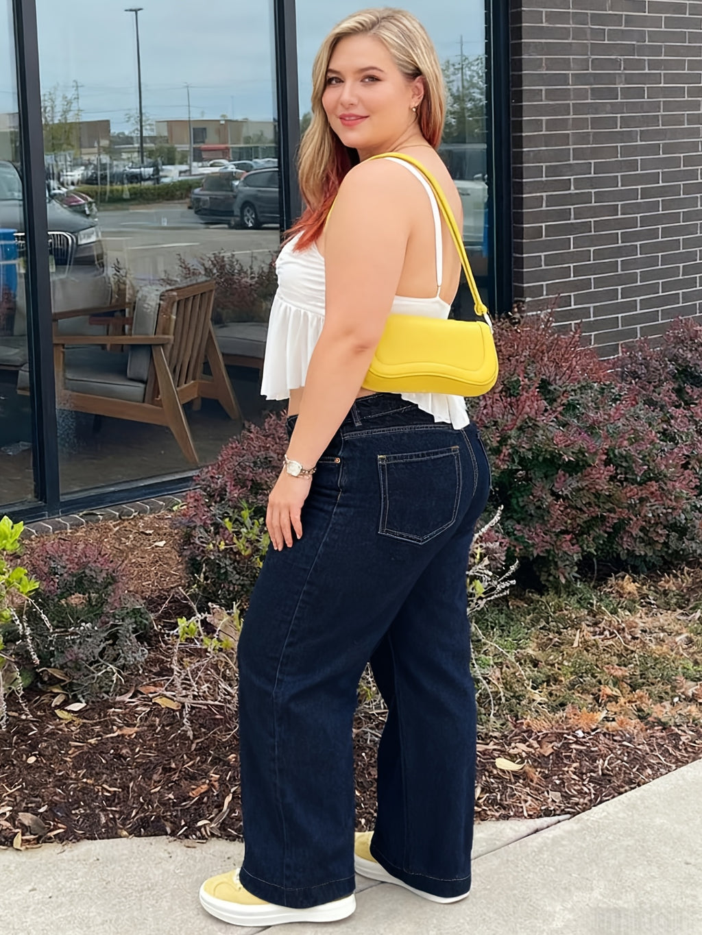 Calças Jeans Plus Size Femininas de Perna Larga em Linha H - Calças Compridas com Zíper na Coxa, Azul Escuro Elástico (Sem Passantes), Uso Casual e Formal para Todas as Estações, Lavável na Máquina para Mulheres Curvilíneas (Tamanho Plus Size)