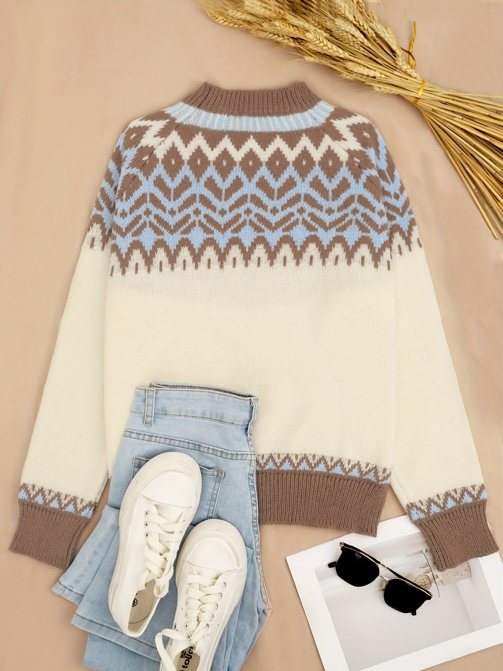 Blusa Feminina Elegante Casual Étnica/Geométrica - Blusa de Inverno Quente com Bloco de Cores e Gola Redonda, Lavável na Máquina, Confortável para Camadas de Outono/Inverno, Novidade 2024 (Poliéster) - Coleção Elegante para Vestidos e Blusas