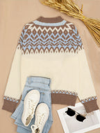 Blusa Feminina Elegante Casual Étnica/Geométrica - Blusa de Inverno Quente com Bloco de Cores e Gola Redonda, Lavável na Máquina, Confortável para Camadas de Outono/Inverno, Novidade 2024 (Poliéster) - Coleção Elegante para Vestidos e Blusas