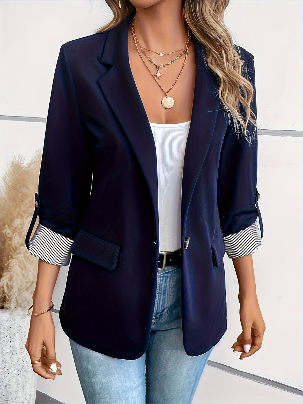 Blazer elegante de dupla abotoadura em azul claro para mulher, com gola de lapela e detalhe de punho - Manga três quartos, poliéster, casaco de moda primavera/outono