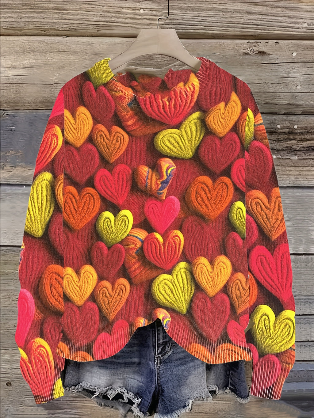 Tamanho Grande - Camisola Elegante Feminina com Padrão de Corações | Época de Outono, Gola Redonda, Manga Comprida, Corte Oversize, Pulôver com Estampado Digital