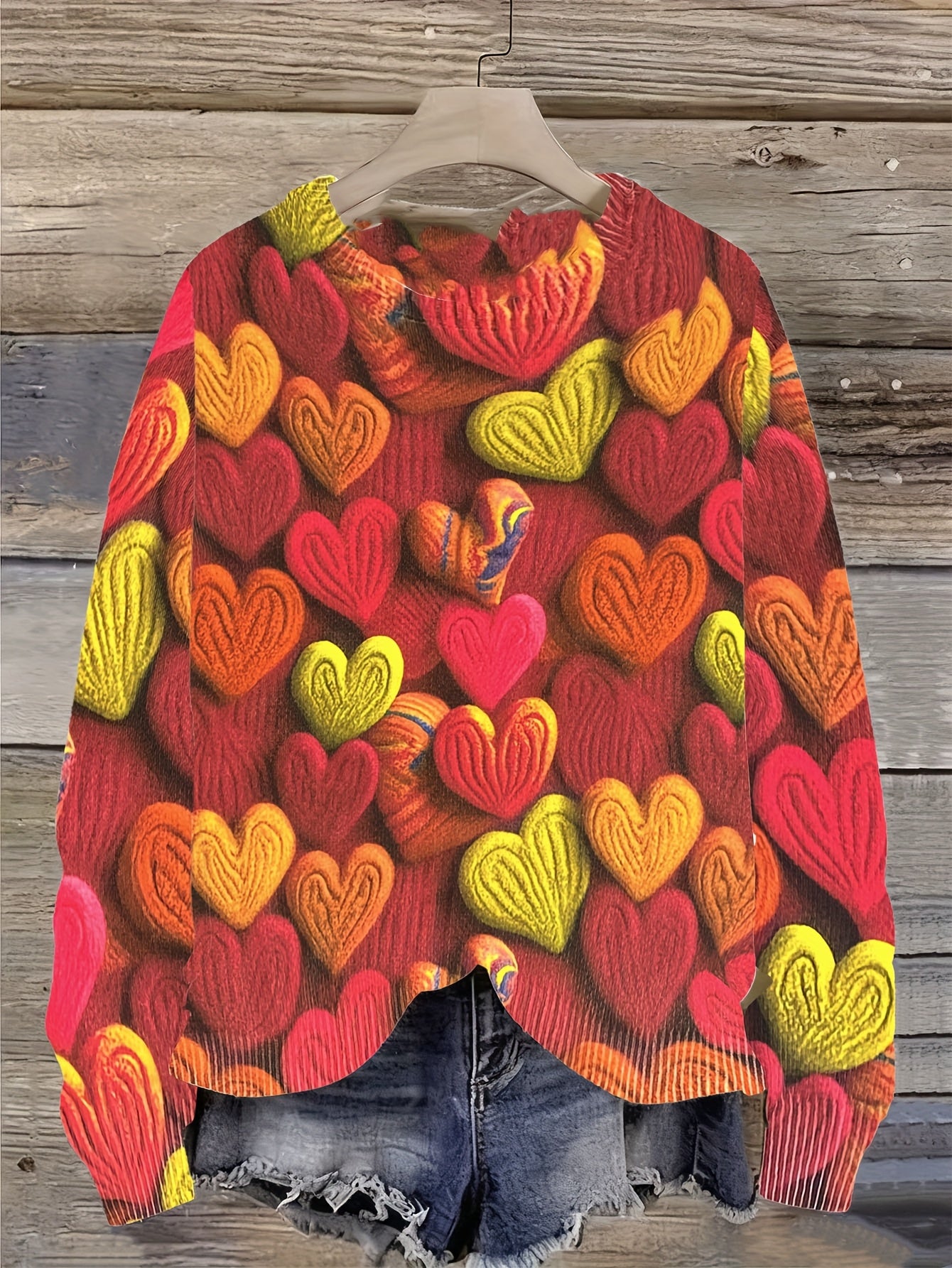 Tamanho Grande - Camisola Elegante Feminina com Padrão de Corações | Época de Outono, Gola Redonda, Manga Comprida, Corte Oversize, Pulôver com Estampado Digital