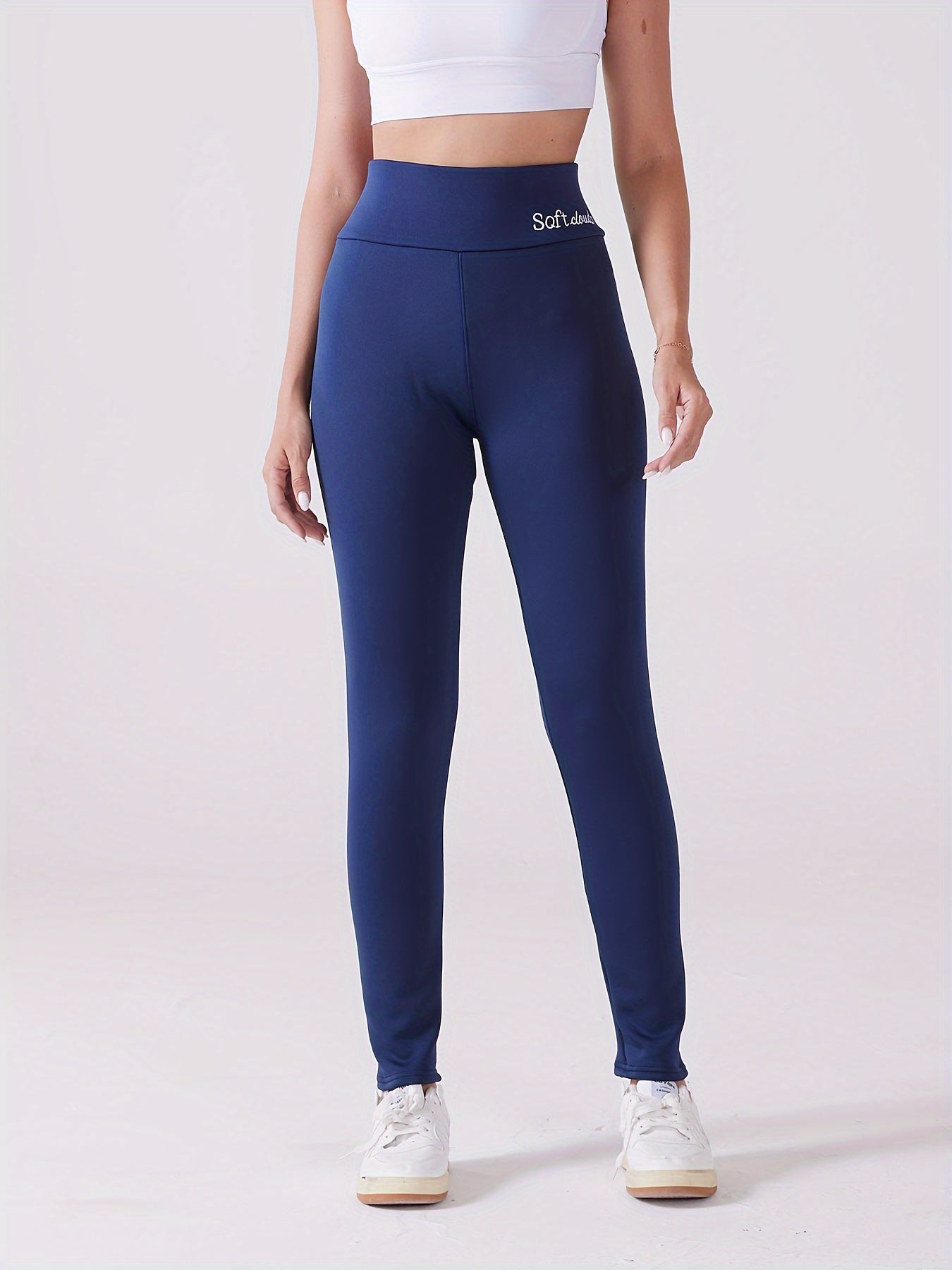 Conjunto de 2 leggings de cintura alta para mulher de tamanho grande, calças térmicas forradas com lã bordada, meias elásticas quentes de inverno, 88% poliéster 12% elastano, tecido de malha, cor sólida para todas as estações