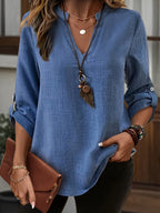 Camisa de Imitação de Denim Cinza Claro Plus Size Feminina - Blusa Elegante Casual de Manga Longa e Gola Redonda, Lavável à Máquina para Primavera/Verão, Design Minimalista, Textura Semelhante a Linho, Tecido Não Transparente, Combinável com Leggings, Material Respirável, Estilosa