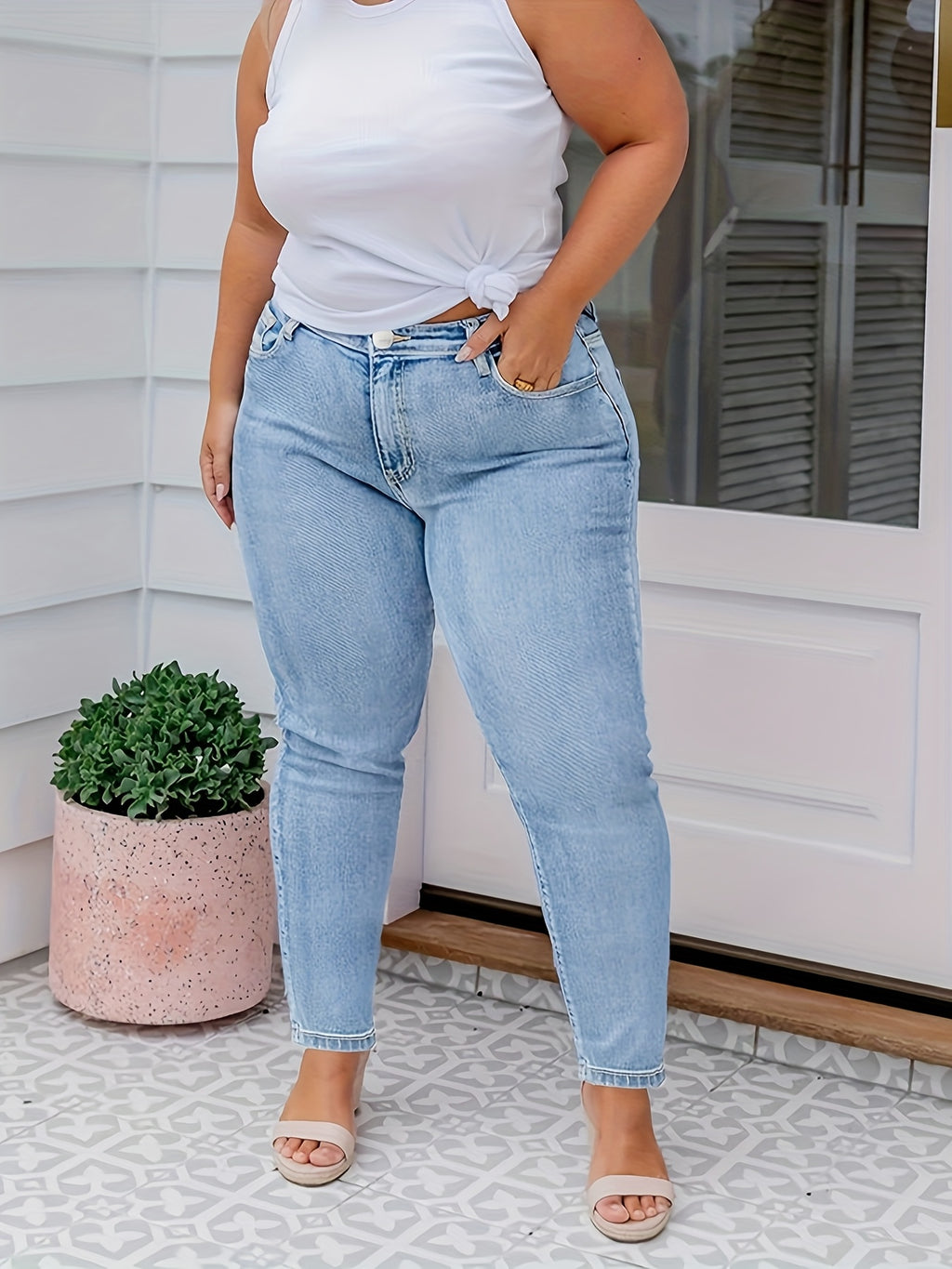 Calças de ganga justas de cintura alta para mulheres de tamanho grande - Calças elásticas não transparentes com fecho de correr, ganga elástica para mulheres curvas, calças de ganga justas para todas as estações, roupas de todos os dias e formais, calças de ganga para senhoras, moda confortável, tecido durável, roupa casual, ajuste slim, material respirável, calças elegantes, amantes da moda