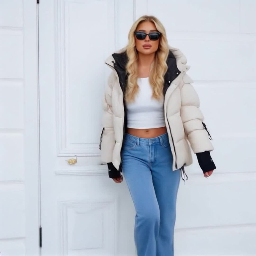 Jaqueta Acolchoada Elegante Bege Feminina - Casaco de Inverno Quente e Casual com Acabamento Preto, Mangas Compridas e Capuz com Zíper, Tecido de Poliéster para Conforto Externo