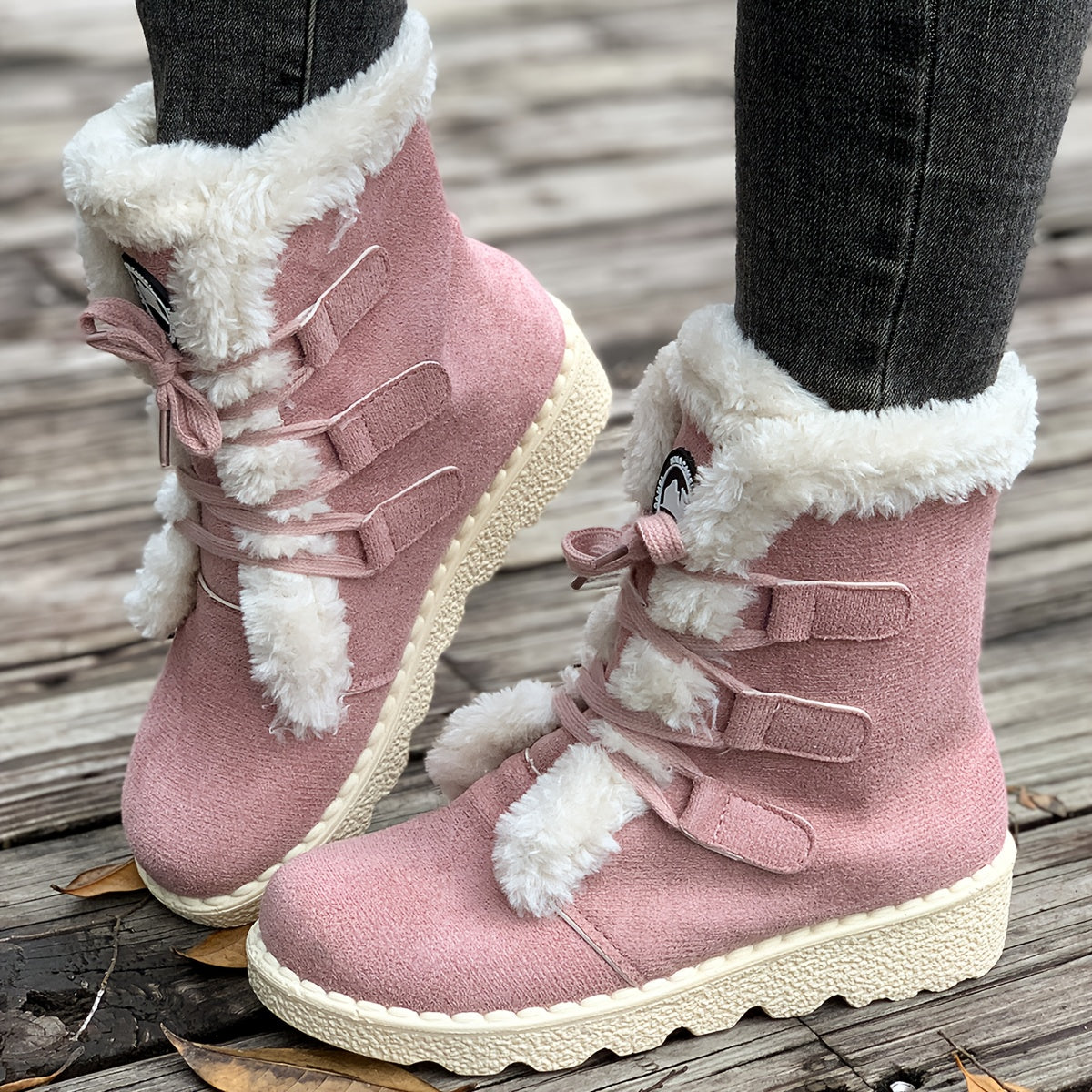 Botas de Inverno Femininas - Botas de Neve de Cano Médio com Fecho de Cordões, Sola de Borracha Antiderrapante, Parte Superior em Tecido Quente - Castanho - Palmilha Acolchoada - Sapatos para Clima Frio para Senhoras, Botas de Inverno Femininas, Interior Forrado a Pelúcia