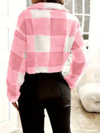 Casaco felpudo com padrão axadrezado, vestuário casual de exterior com fecho de correr e manga comprida, vestuário feminino