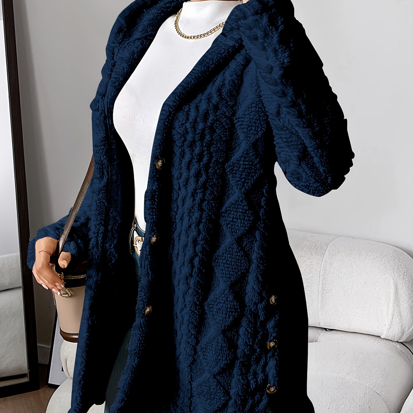 Chic Hooded Jacquard Plush Cardigan for Fall-Winter